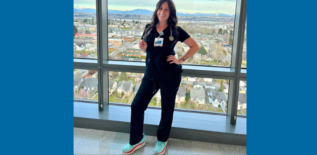 Stylish nurse in Hoka Clifton