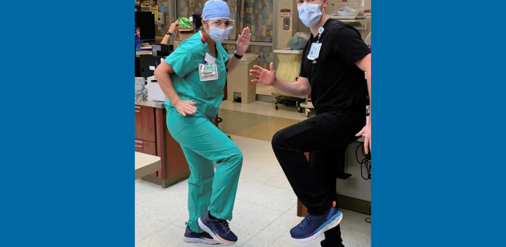 two nurses wearing hoka bondi